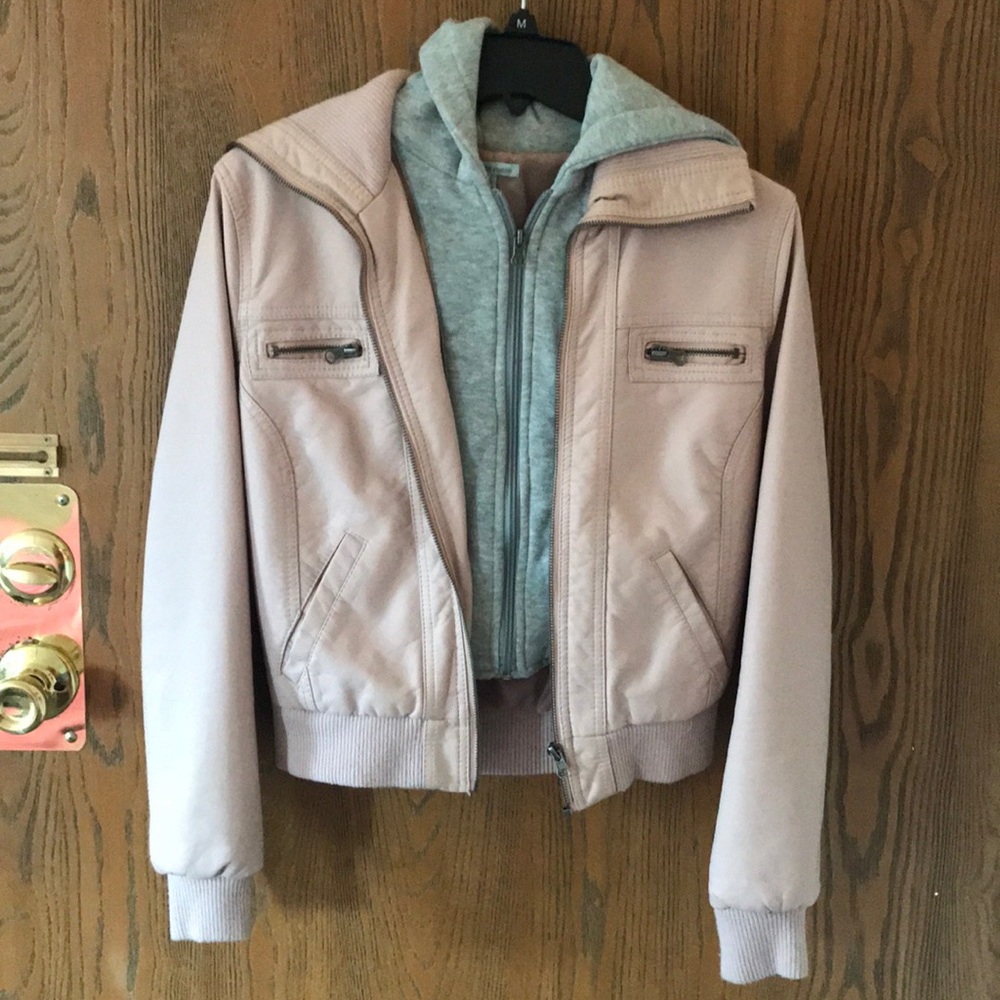 small light pink jacket with grey hoodie attached
